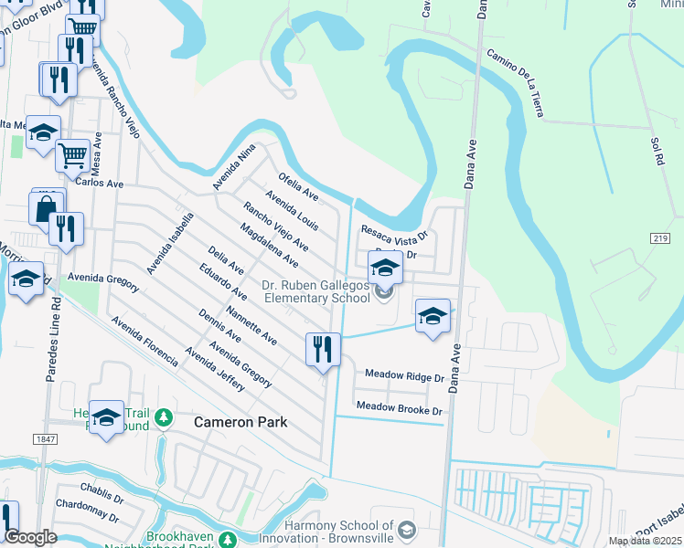 map of restaurants, bars, coffee shops, grocery stores, and more near 2550 Avenida Rancho Viejo in Brownsville