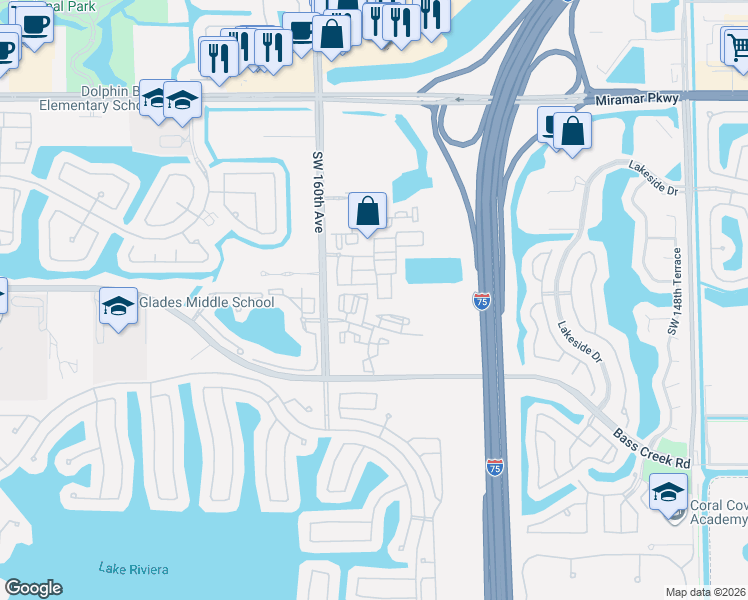 map of restaurants, bars, coffee shops, grocery stores, and more near 4311 Southwest 160th Avenue in Miramar