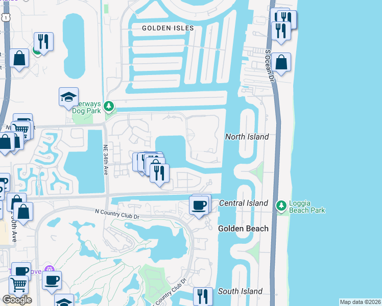 map of restaurants, bars, coffee shops, grocery stores, and more near 3750 Yacht Club Drive in Miami