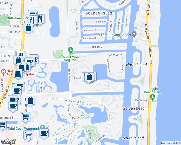 map of restaurants, bars, coffee shops, grocery stores, and more near 3549 Magellan Circle in Aventura