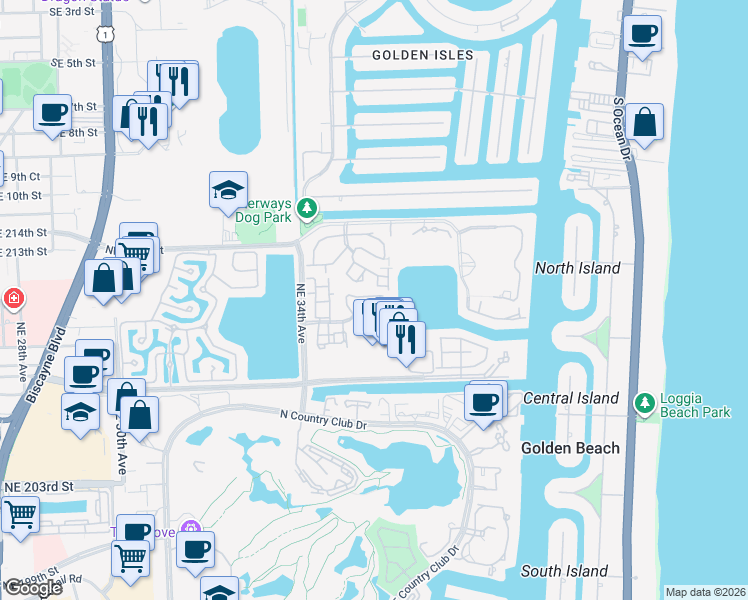 map of restaurants, bars, coffee shops, grocery stores, and more near 3549 Magellan Circle in Aventura
