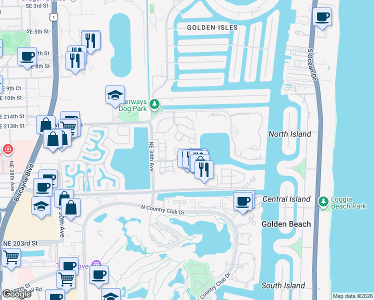 map of restaurants, bars, coffee shops, grocery stores, and more near 3530 Magellan Circle in Miami