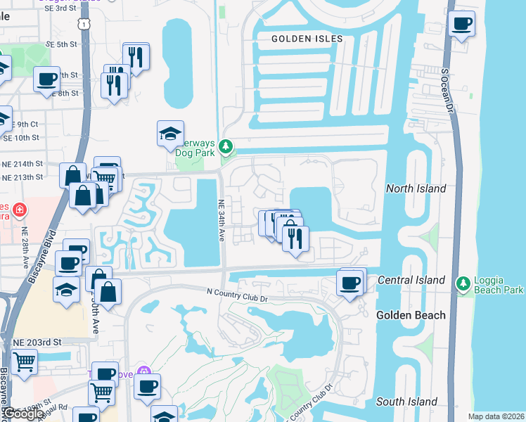 map of restaurants, bars, coffee shops, grocery stores, and more near 3530 Magellan Circle in Miami