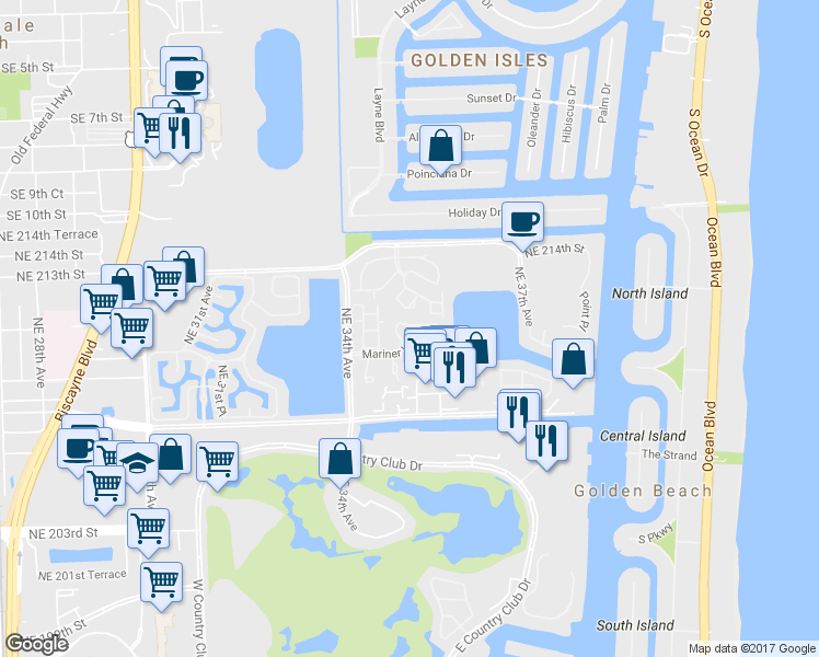 map of restaurants, bars, coffee shops, grocery stores, and more near 3530 Magellan Circle in Miami