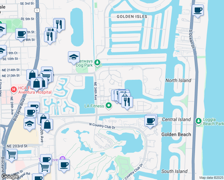 map of restaurants, bars, coffee shops, grocery stores, and more near 3530 Magellan Circle in Miami