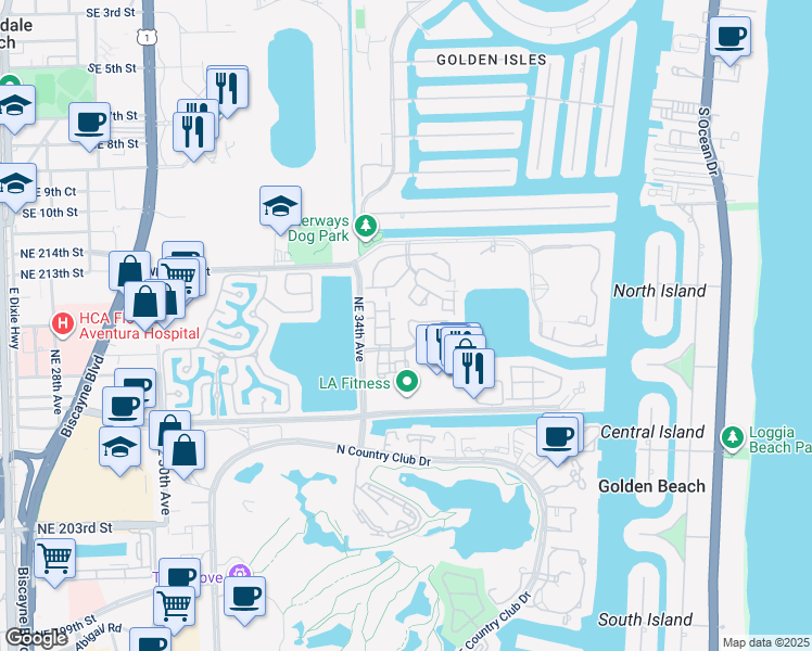 map of restaurants, bars, coffee shops, grocery stores, and more near 3530 Magellan Circle in Miami
