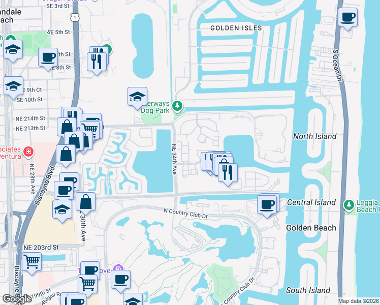 map of restaurants, bars, coffee shops, grocery stores, and more near 3441 Northeast 210th Terrace in Aventura