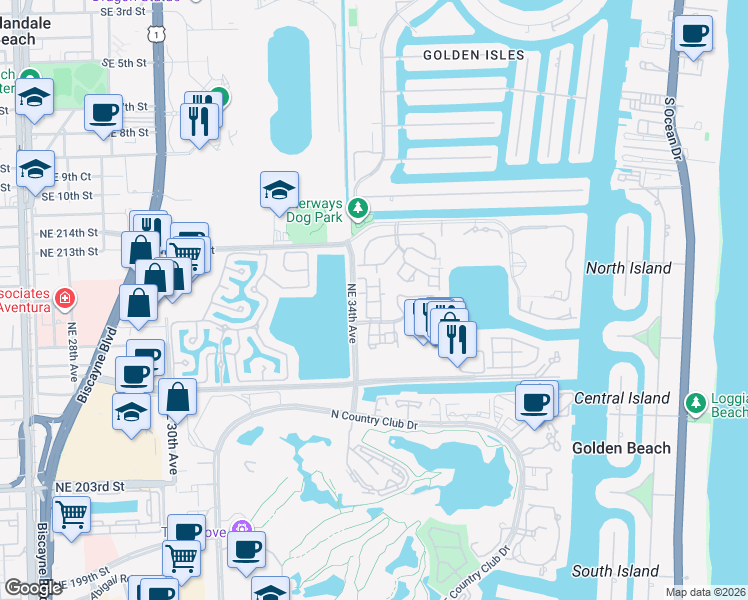 map of restaurants, bars, coffee shops, grocery stores, and more near 3441 Northeast 210th Terrace in Aventura
