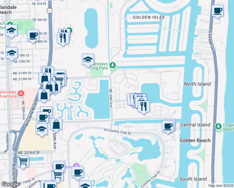 map of restaurants, bars, coffee shops, grocery stores, and more near 3441 Northeast 210th Terrace in Aventura