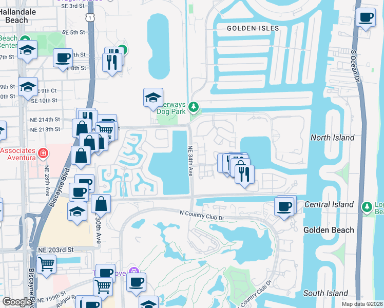 map of restaurants, bars, coffee shops, grocery stores, and more near 3441 Northeast 210th Terrace in Aventura