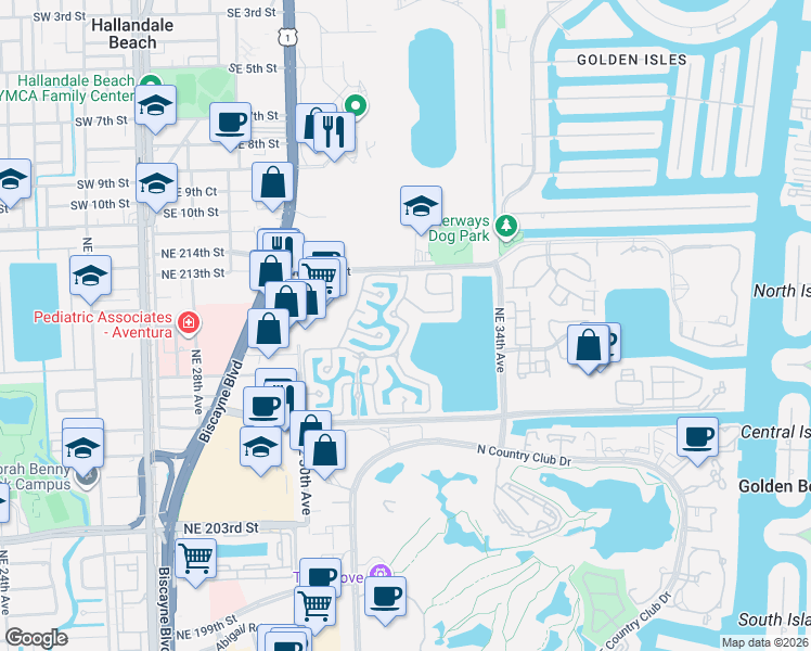 map of restaurants, bars, coffee shops, grocery stores, and more near 3187 Northeast 211 Street in Aventura