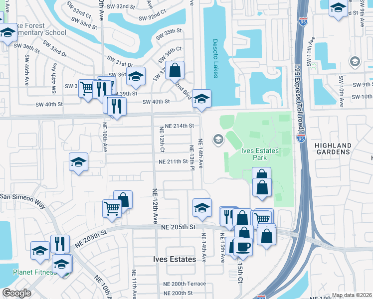 map of restaurants, bars, coffee shops, grocery stores, and more near 21201 Northeast 13th Place in Miami