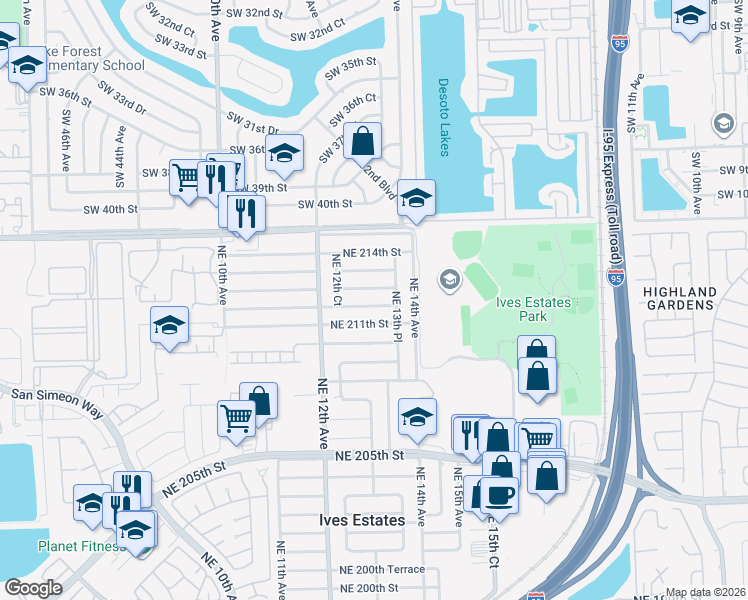 map of restaurants, bars, coffee shops, grocery stores, and more near 1300 Northeast 212th Terrace in North Miami Beach