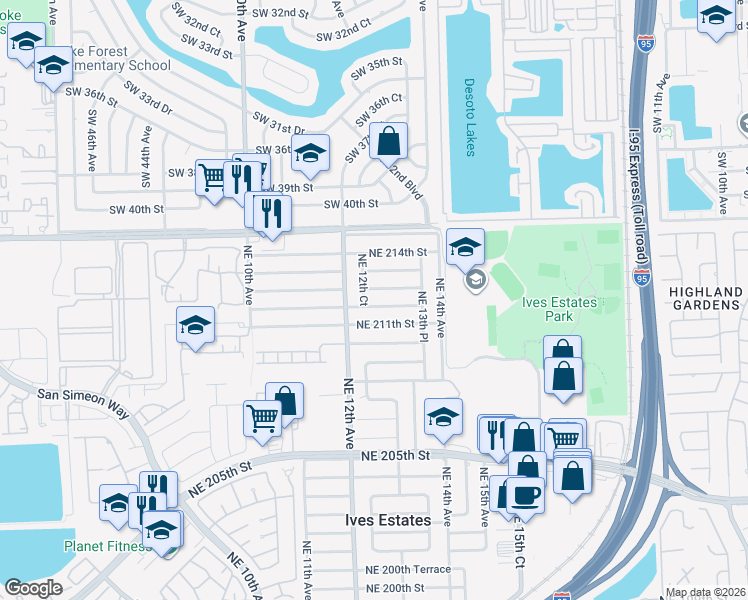 map of restaurants, bars, coffee shops, grocery stores, and more near 21200 Northeast 12th Court in Miami