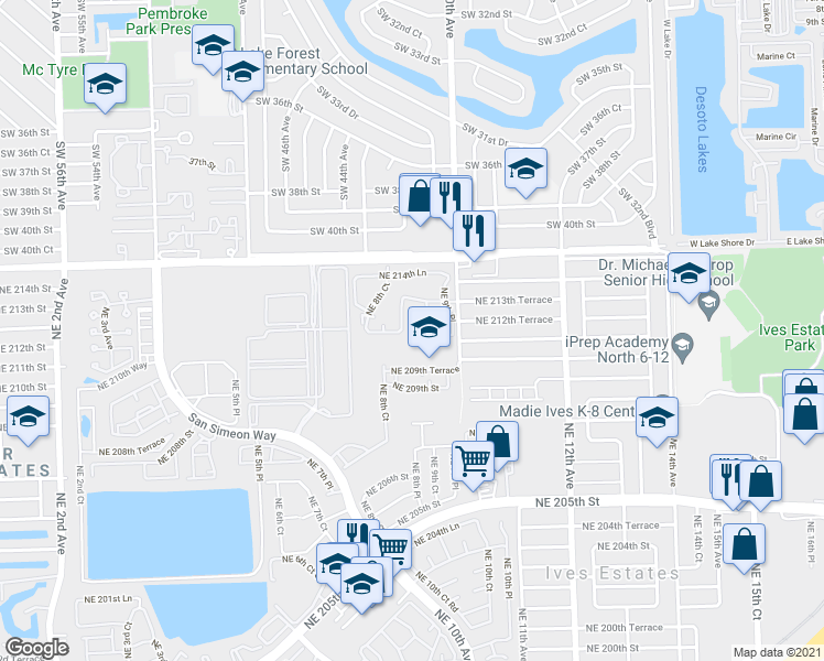 map of restaurants, bars, coffee shops, grocery stores, and more near 21230 Northeast 9th Court in Miami