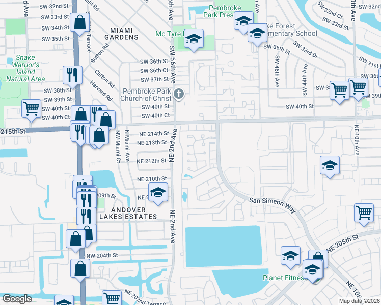 map of restaurants, bars, coffee shops, grocery stores, and more near 321 Northeast 212th Street in Miami