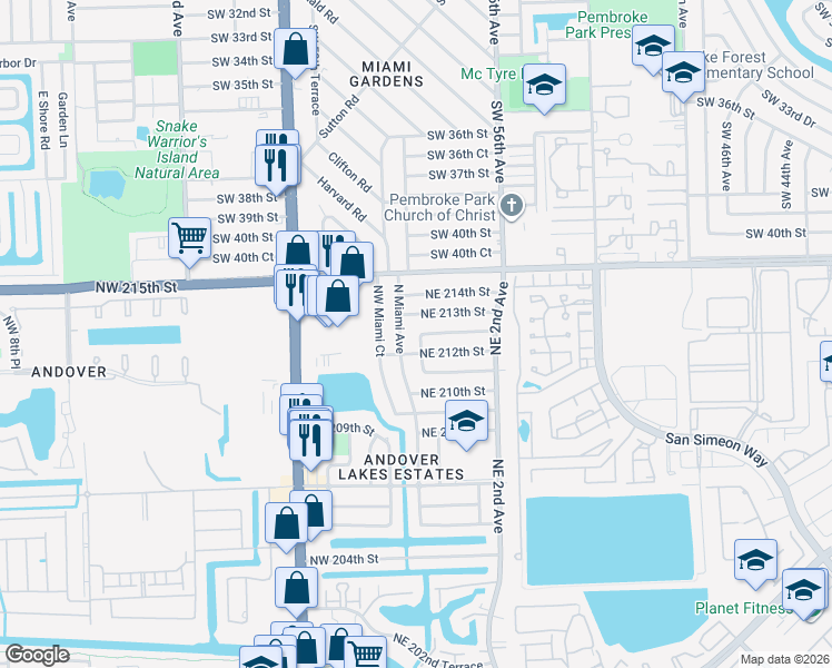 map of restaurants, bars, coffee shops, grocery stores, and more near 21265 North Miami Avenue in Miami