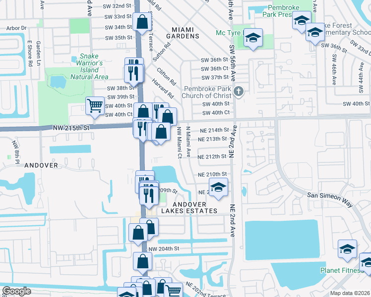 map of restaurants, bars, coffee shops, grocery stores, and more near 21265 North Miami Avenue in Miami