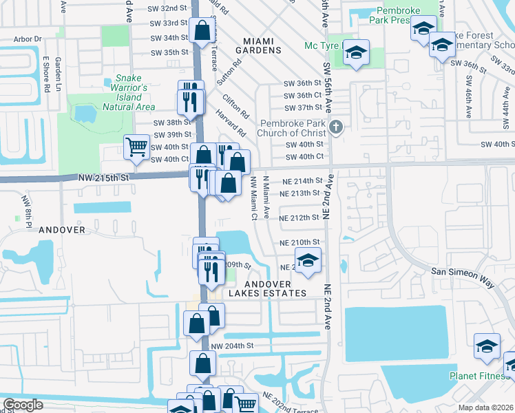 map of restaurants, bars, coffee shops, grocery stores, and more near 21265 North Miami Avenue in Miami