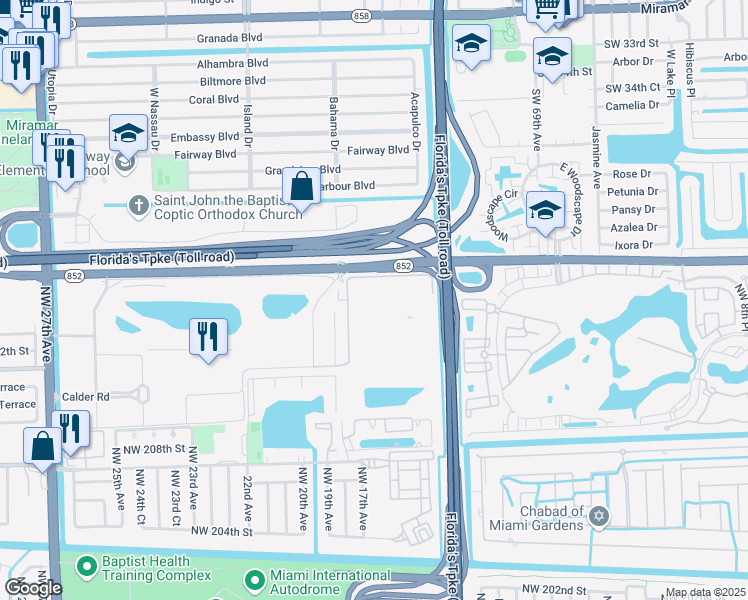 map of restaurants, bars, coffee shops, grocery stores, and more near Florida 852 in Miami Gardens