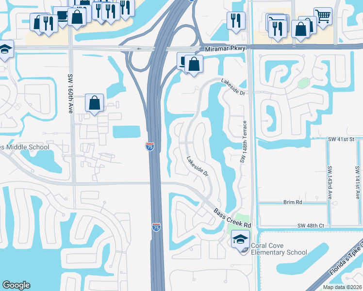 map of restaurants, bars, coffee shops, grocery stores, and more near 4080 Southwest 153rd Avenue in Miramar