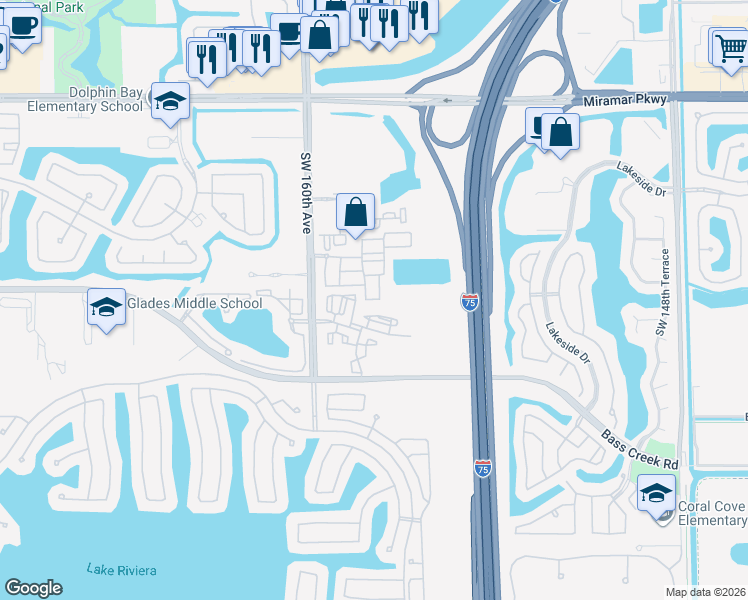 map of restaurants, bars, coffee shops, grocery stores, and more near 4269 Southwest 156th Avenue in Miramar
