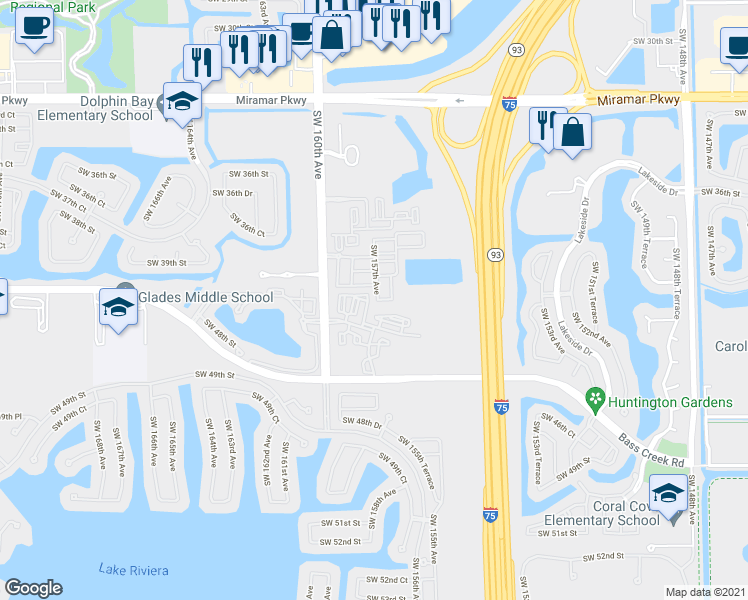 map of restaurants, bars, coffee shops, grocery stores, and more near 4311 Southwest 160th Avenue in Miramar