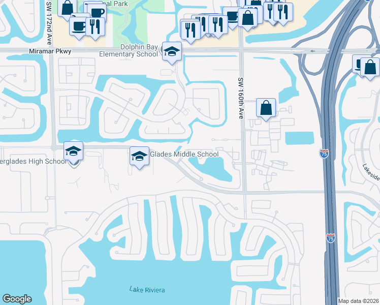 map of restaurants, bars, coffee shops, grocery stores, and more near 16413 Southwest 47th Court in Miramar