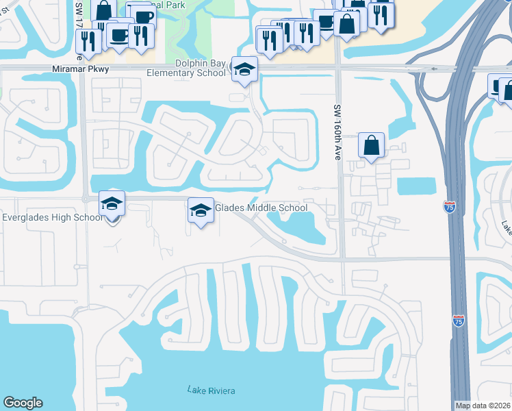 map of restaurants, bars, coffee shops, grocery stores, and more near 4764 Southwest 165th Avenue in Miramar