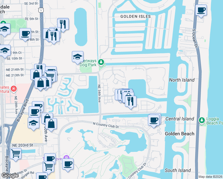 map of restaurants, bars, coffee shops, grocery stores, and more near 3500 Magellan Circle in Aventura