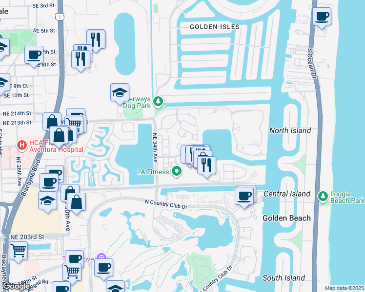 map of restaurants, bars, coffee shops, grocery stores, and more near 3525 Magellan Circle in Aventura