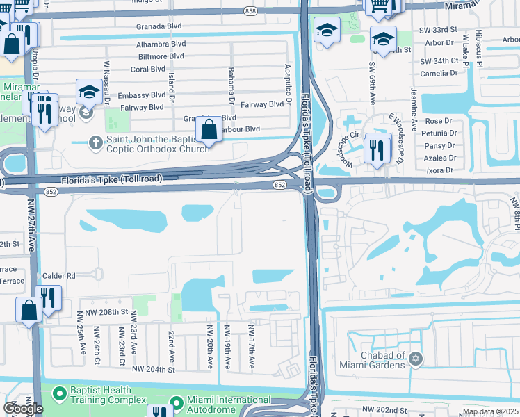 map of restaurants, bars, coffee shops, grocery stores, and more near 1620 Northwest 215th Street in Miami Gardens