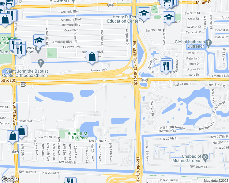 map of restaurants, bars, coffee shops, grocery stores, and more near 1620 Northwest 215th Street in Miami Gardens