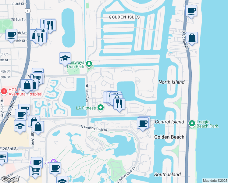 map of restaurants, bars, coffee shops, grocery stores, and more near 3549 Magellan Circle in Aventura