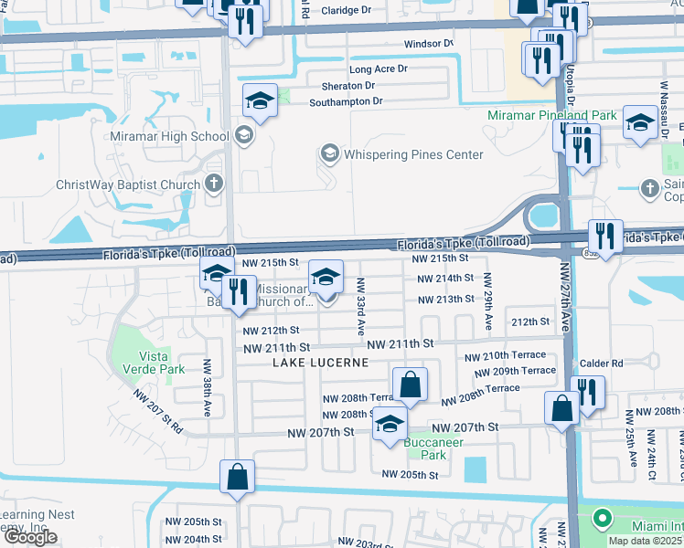 map of restaurants, bars, coffee shops, grocery stores, and more near 3331 Northwest 214th Street in Miami Gardens