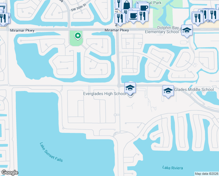 map of restaurants, bars, coffee shops, grocery stores, and more near 37th Court in Miramar