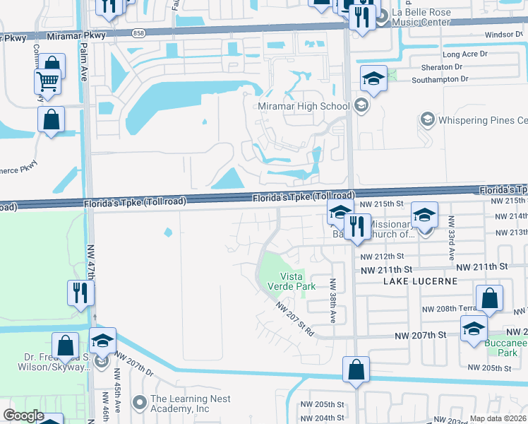 map of restaurants, bars, coffee shops, grocery stores, and more near 21472 Northwest 40th Circle Court in Miami Gardens