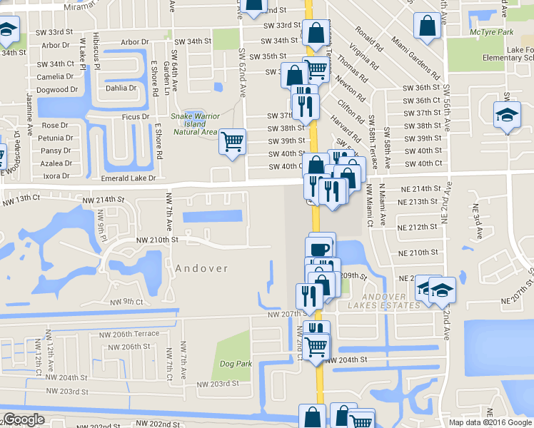 map of restaurants, bars, coffee shops, grocery stores, and more near 350 Northwest 215th Street in Miami