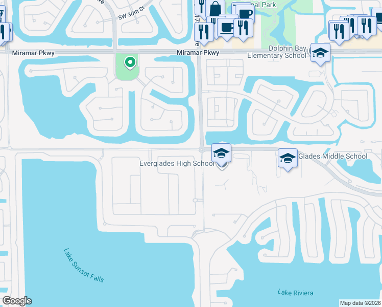 map of restaurants, bars, coffee shops, grocery stores, and more near 17325 Southwest 41st Street in Miramar