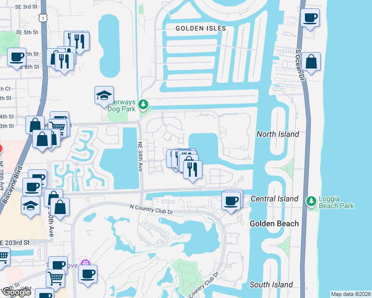 map of restaurants, bars, coffee shops, grocery stores, and more near 3549 Magellan Circle in Aventura