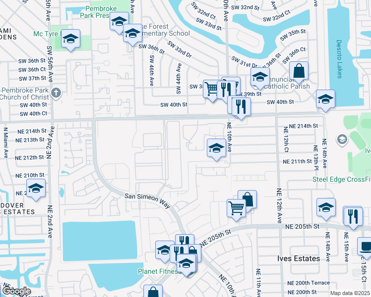 map of restaurants, bars, coffee shops, grocery stores, and more near 21213 San Simeon Way in Miami