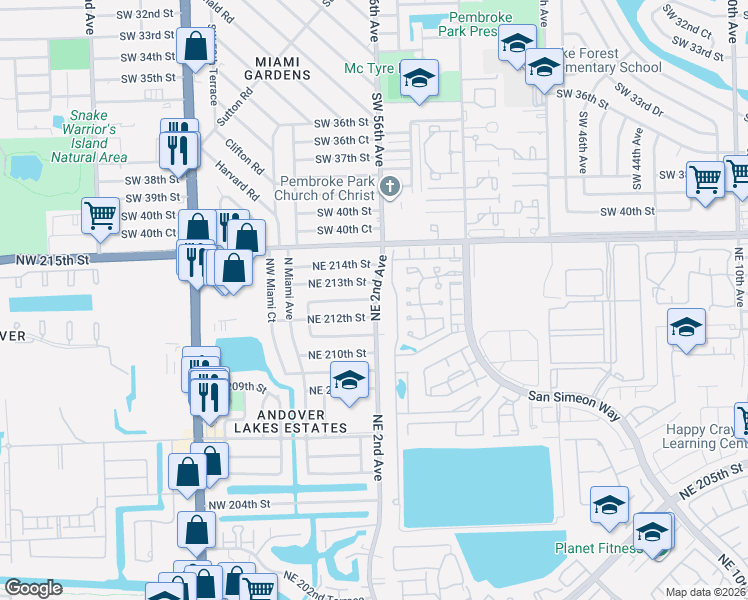 map of restaurants, bars, coffee shops, grocery stores, and more near 181 Northeast 212th Terrace in Miami