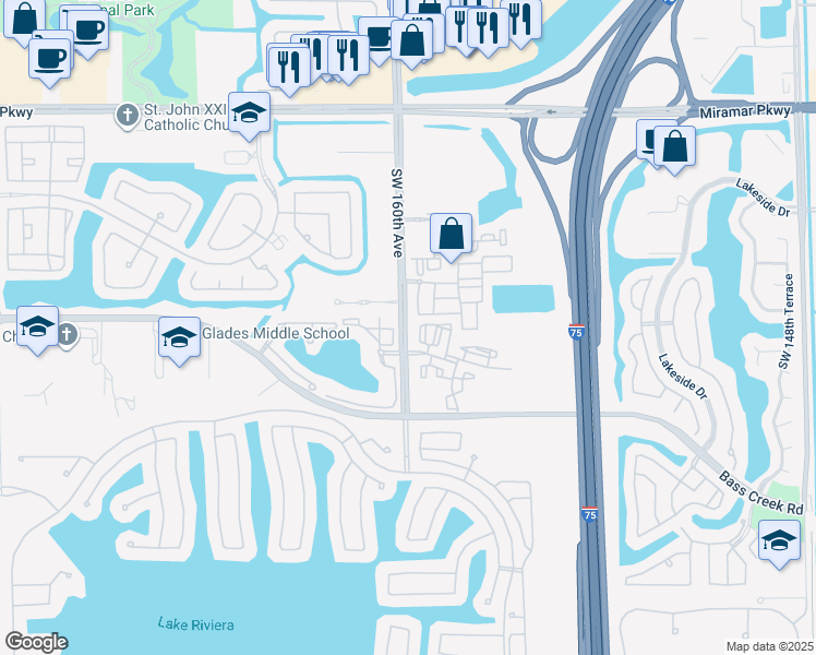 map of restaurants, bars, coffee shops, grocery stores, and more near 4190 Southwest 159th Avenue in Miramar