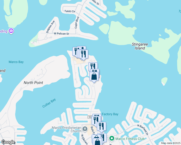 map of restaurants, bars, coffee shops, grocery stores, and more near 1135 Vernon Place in Marco Island