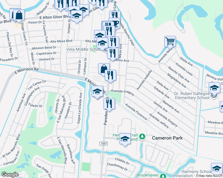 map of restaurants, bars, coffee shops, grocery stores, and more near 4402 Paredes Line Road in Brownsville