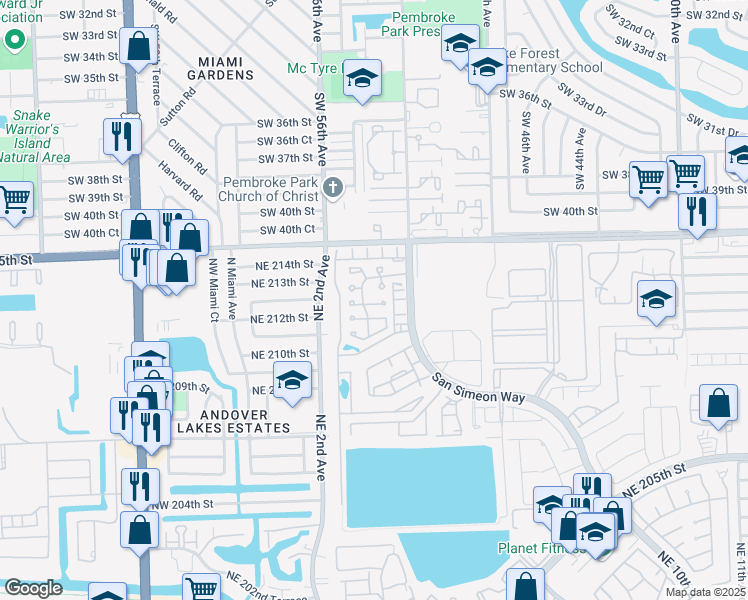 map of restaurants, bars, coffee shops, grocery stores, and more near 321 Northeast 212th Street in Miami