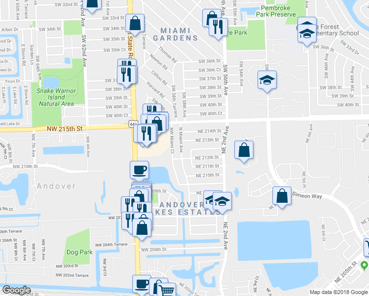 map of restaurants, bars, coffee shops, grocery stores, and more near 21265 North Miami Avenue in Miami