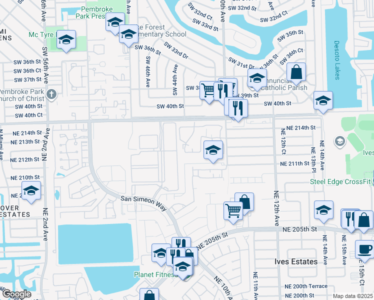 map of restaurants, bars, coffee shops, grocery stores, and more near 835 Northeast 212th Terrace in Miami