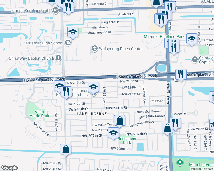 map of restaurants, bars, coffee shops, grocery stores, and more near 3281 Northwest 214th Street in Miami Gardens
