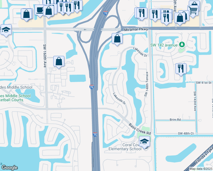 map of restaurants, bars, coffee shops, grocery stores, and more near 4080 Southwest 153rd Avenue in Miramar